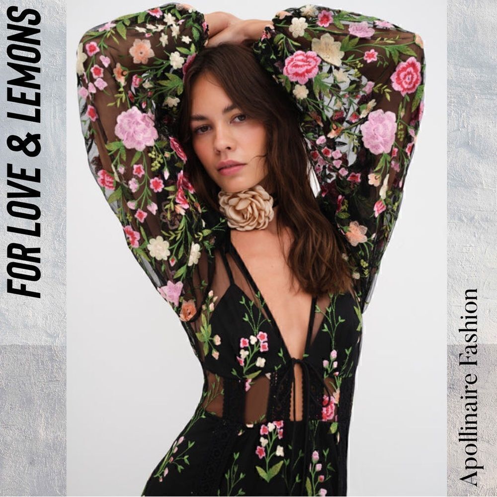 FOR LOVE AND LEMONS LUNA MAXI DRESS IN BLACK COMBO NWT XS FLORAL SHEER EMBROIDER - Picture 3 of 10